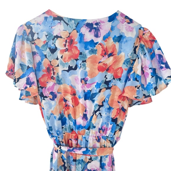 Nicole Miller Maxi Dress Large Faux Wrap Floral Flutter Sleeve V-Neck - Picture 5 of 15